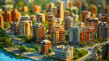 Fototapeta premium Illustration Miniature Cityscape with Buildings, Roads, and Trees
