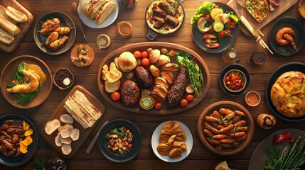Top view table full of delicious food composition delicious popular foods item. food vectors. Ultra realistic. Photorealistic