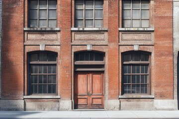 Brick building facade with wooden door and windows.