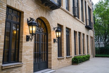 Brick building with arched entryway and lanterns.