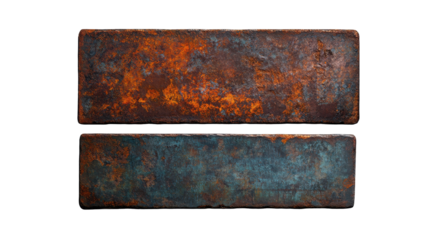 Rusty metal bar with vibrant patina textures. transparent background