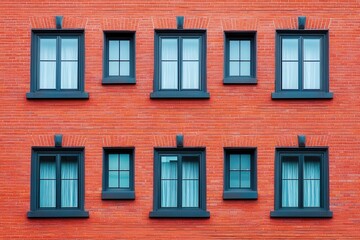 Brick wall with windows of different sizes.