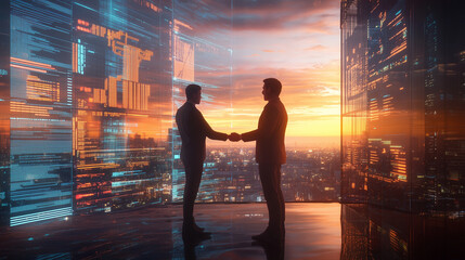 A cinematic portrait of a business leader shaking hands with a colleague, surrounded by transparent floating screens showing data visualizations and coding snippets. 