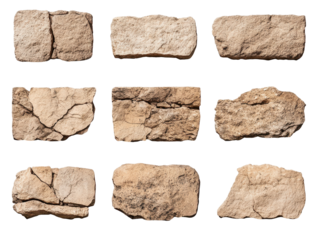 Varied textures of natural stone pieces. transparent background