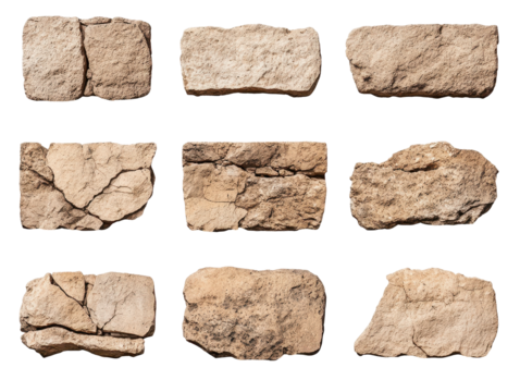 Varied textures of natural stone pieces. transparent background