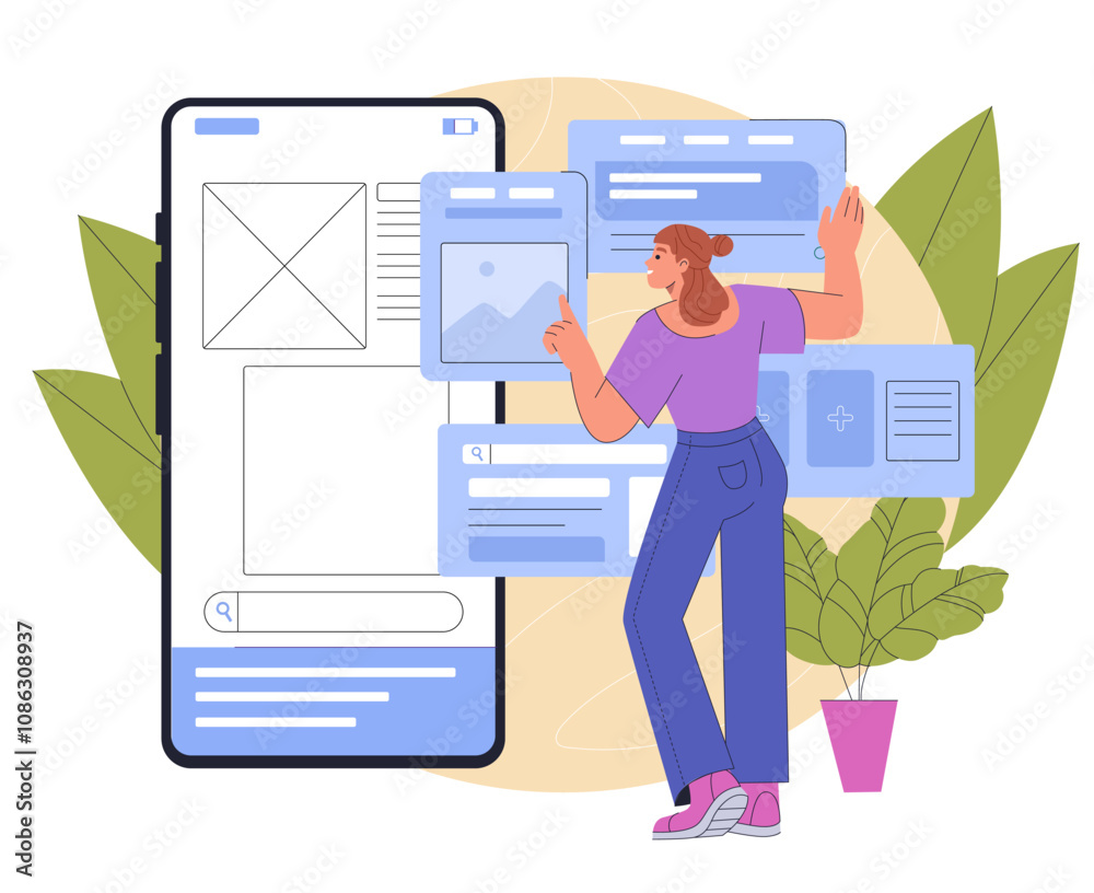 Poster creating program in phone. woman near smartphone. graphic designer with ui and ux design elements. p