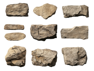 Various types of textured natural rocks. transparent background