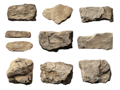 Various types of textured natural rocks. transparent background