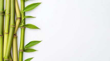 Obraz premium A close-up view of bamboo stalks and leaves arranged against a clean, white background, showcasing their vibrant green color and natural beauty.