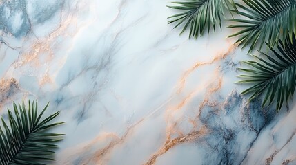 Obraz premium A close-up view of a smooth marble surface adorned with lush palm leaves, creating a tropical and luxurious atmosphere with rich textures and vibrant greens.