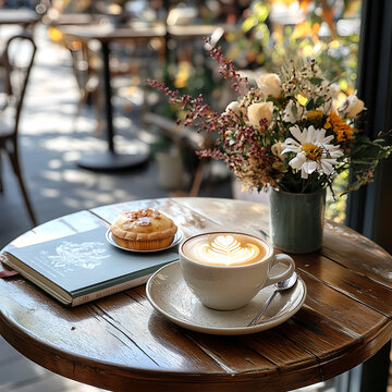 a cup of coffee in the coffee shop patio in a very nice day.
