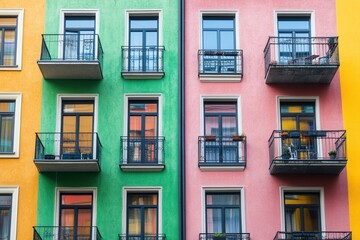 Fototapeta premium Colorful building facade with balconies and windows.