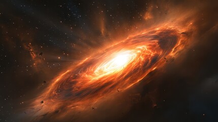 Fototapeta premium A stunning depiction of a swirling galaxy, showcasing vibrant orange and yellow hues against a dark cosmic backdrop.