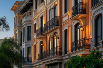 Fototapeta premium Elegant apartment building with balconies illuminated at dusk.