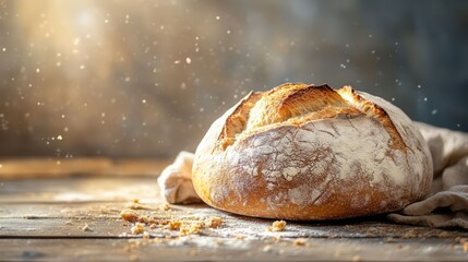 Freshly baked loaf of bread with a rustic background.