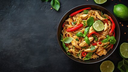 Delicious Chicken Pad Thai Noodles with Chili Peppers, Basil, and Lime