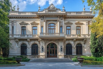 Obraz premium Elegant mansion with a grand entrance, surrounded by lush greenery.