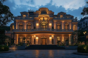 Obraz premium Elegant mansion with a grand entrance illuminated at dusk.