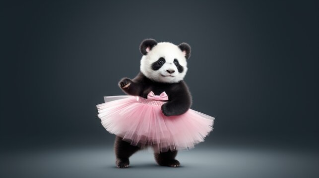 Adorable baby panda in a pink tutu skirt, dancing with joy on a dark background