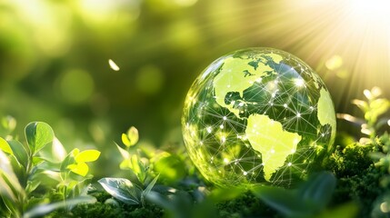 A vibrant green globe adorned with interconnected dots represents a unified vision for global environmental sustainability and collaboration. 