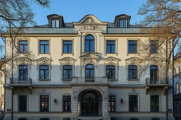 Elegant white facade of a historic building with arched windows and a symmetrical design. - Powered by Adobe