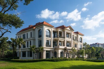 Obraz premium Elegant white mansion with red roof and manicured lawn under a bright blue sky.
