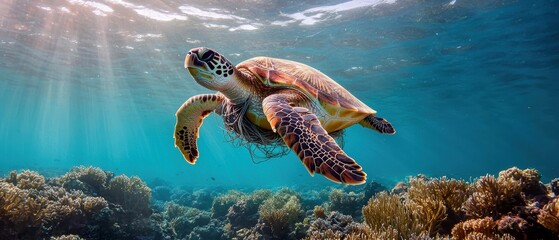 Obraz premium A serene underwater scene featuring a sea turtle gracefully swimming above a vibrant coral reef.