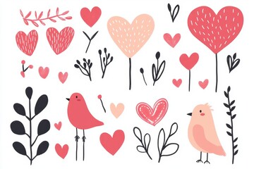 A vibrant collage of various heart shapes and colorful birds, symbolizing love and freedom in a whimsical, cheerful atmosphere.