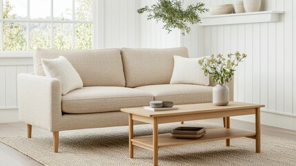 A cozy, modern living room setup featuring a textured sofa, wooden coffee table, and fresh flowers in a bright, airy space.