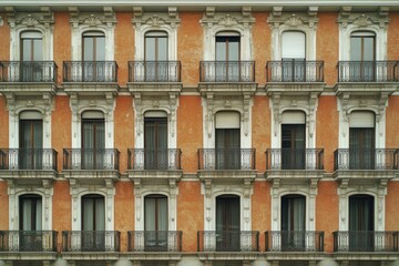 Facade of a historic building with ornate windows and balconies.