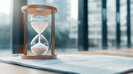 A wooden hourglass filled with white sand sits on a table, capturing the essence of time and patience in a bright, serene environment.