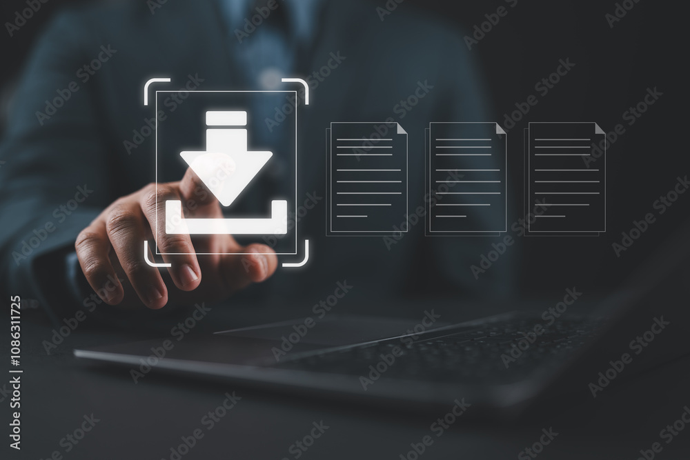 Fototapete Digital File Download and Data Transfer Technology. Man interacting with digital interface to download files, file management, technology-driven business operations, symbolizes modern data transfer.