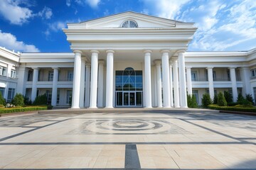 Obraz premium Grand white mansion with large pillars and a paved courtyard.