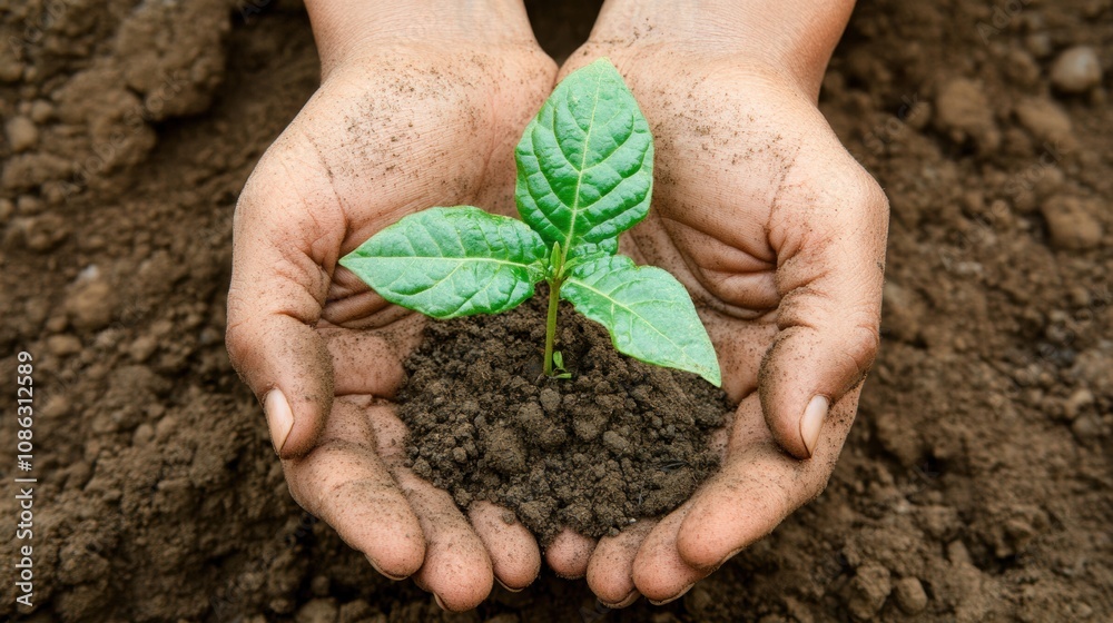 Poster two hands support a tiny green seedling surrounded by dark earth, emphasizing the importance of care