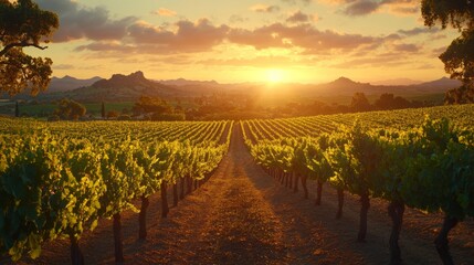 Naklejka premium A breathtaking aerial view of a lush vineyard bathed in warm golden light, with a stunning sunset casting vibrant hues across the sky and vines.