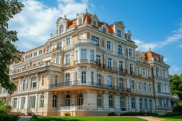 Fototapeta premium Historic yellow mansion with intricate detailing.