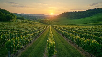 A breathtaking aerial view of a lush vineyard bathed in warm sunset hues, showcasing rows of grapevines and a tranquil, golden sky.