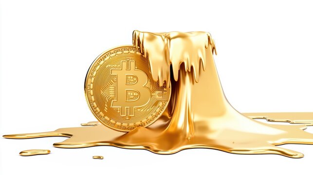 The image depicts a golden Bitcoin with molten gold, symbolizing wealth, innovation, and the merging of cryptocurrency with traditional gold value.