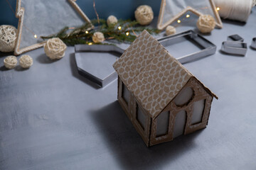 Cardboard House Gift Christmas idea. Do it yourself instruction eco-friendly decoration. Zero waste Making handmade presents children's diy projects. Holiday family time