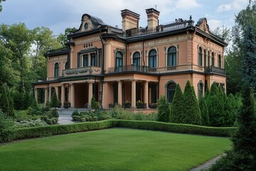 Large, ornate mansion with lush landscaping and manicured lawn.