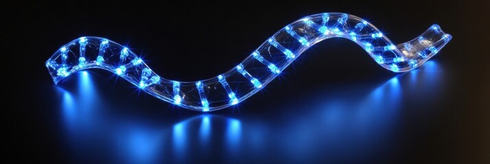 A glowing representation of DNA highlights the double helix with blue lights against a dark surface, emphasizing its structure and design. Generative AI