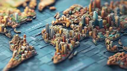 Isometric world map with miniature cities.