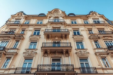 Obraz premium Low angle view of an old, yellow building with ornate details and balconies.