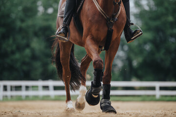 Close-up of a rider practicing horsemanship on a horse at a ranch. Focus on the horse's legs and rider's boots.