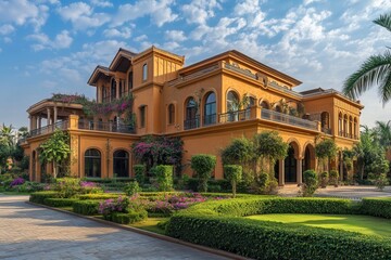 Luxurious mansion with manicured gardens and palm trees.