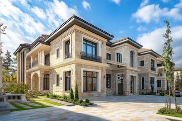 Luxury mansion with stone facade, large windows, and manicured lawn.