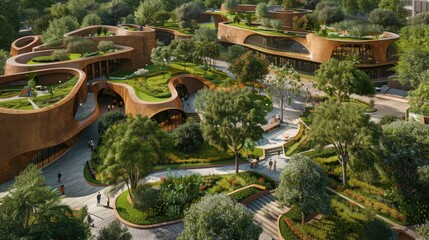 Community center with sustainable architecture and open green spaces