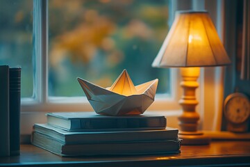 Paper boat on books by window, lamplight.