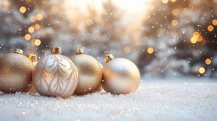 Festive Christmas ornaments in golden hues, surrounded by silver trees, ideal for holiday cards, events, or marketing materials. Perfect for conveying a joyful ambiance.