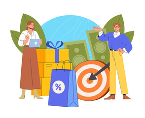 People with discounts. Women with shopping bags and goal target. Sale and gift for regular customers. Young girls with loyalty program. Flat vector illustration isolated on white background